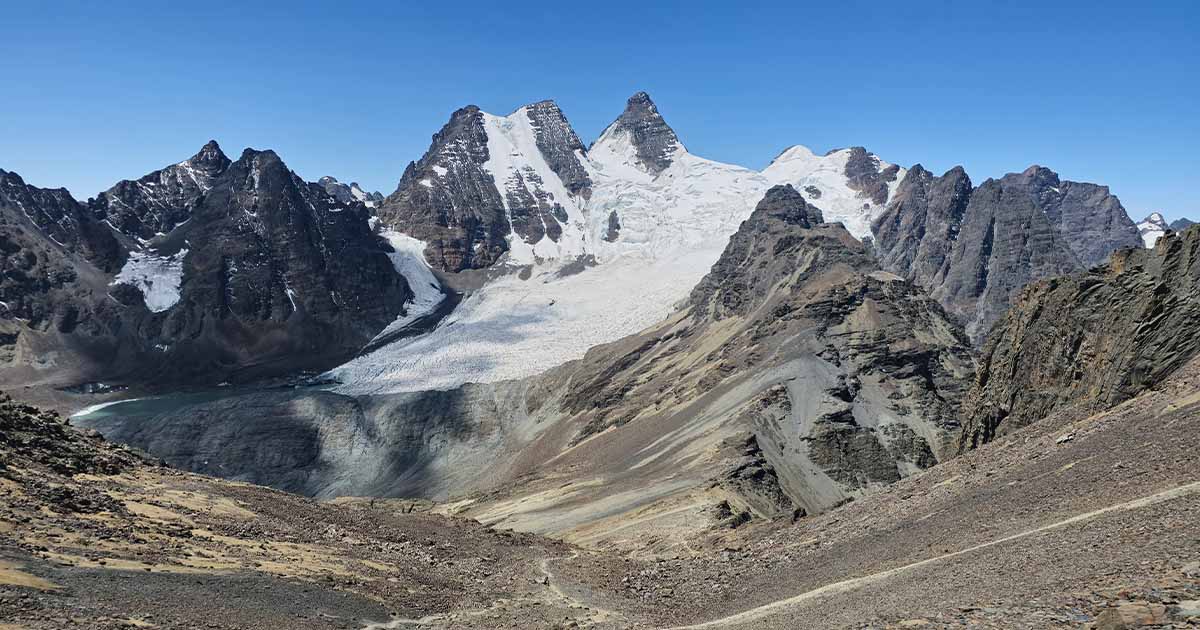 Snow-capped peaks seen from the ascent to Pico Austria in Bolivia