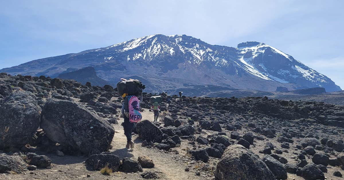 Hikers with backpacks walking on a trail with Mount Kilimanjaro in the background