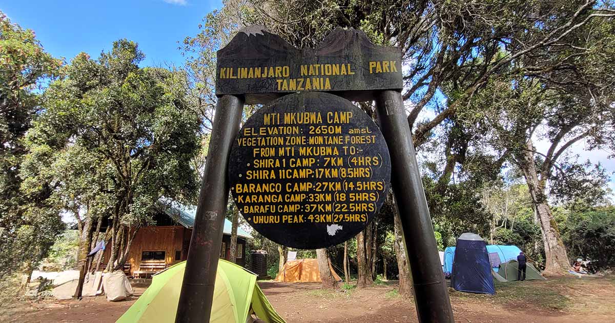 A signpost at Mti Mkubwa Camp showing altitude and distances to various camps along the Kilimanjaro route