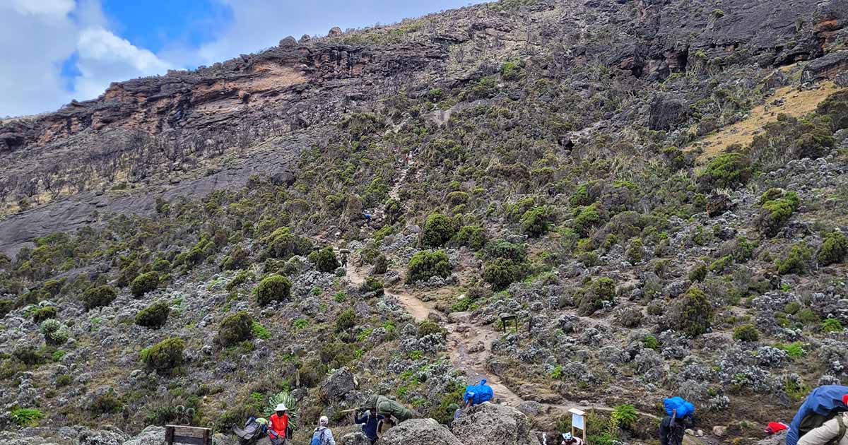 Porters moving along a rocky path leading towards Karanga Camp