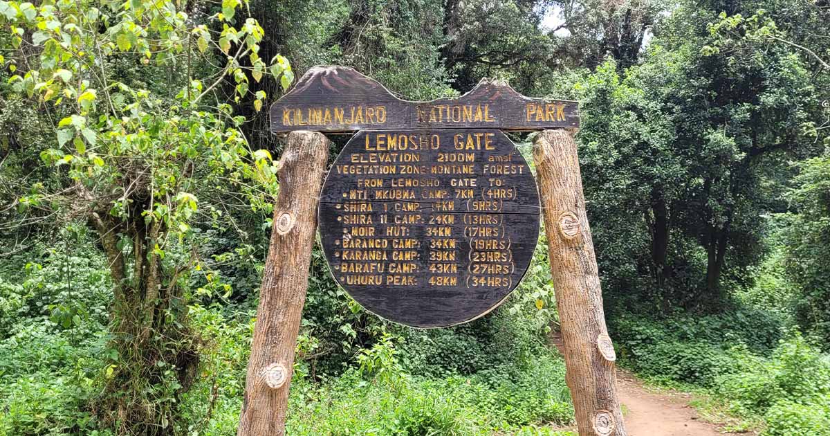 The sign of Lemosho Gate containing the info of every camp along Lemosho route