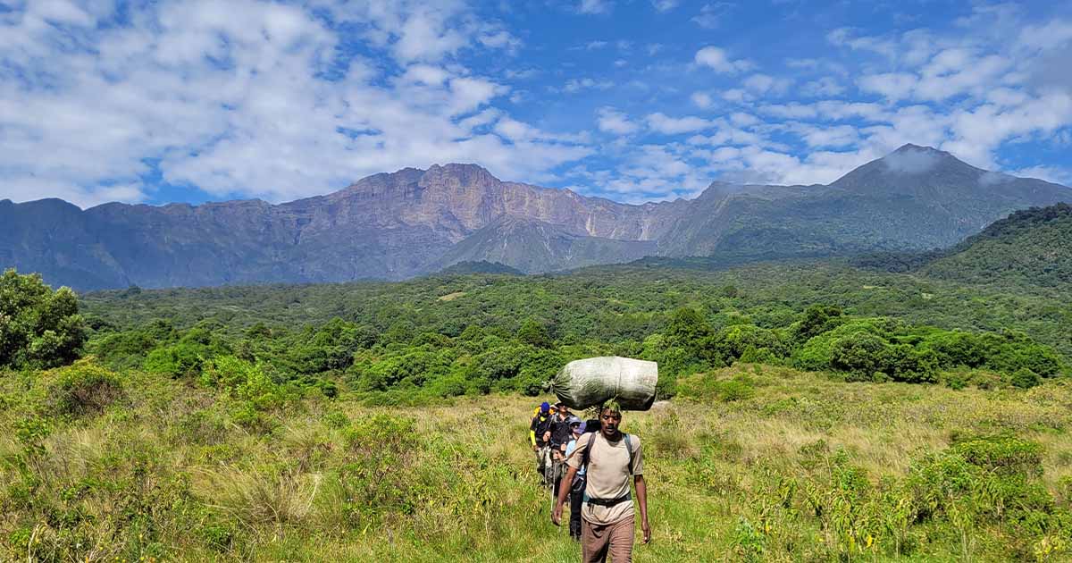 Porters and hikers on a grassy trail with Mount Meru in the background