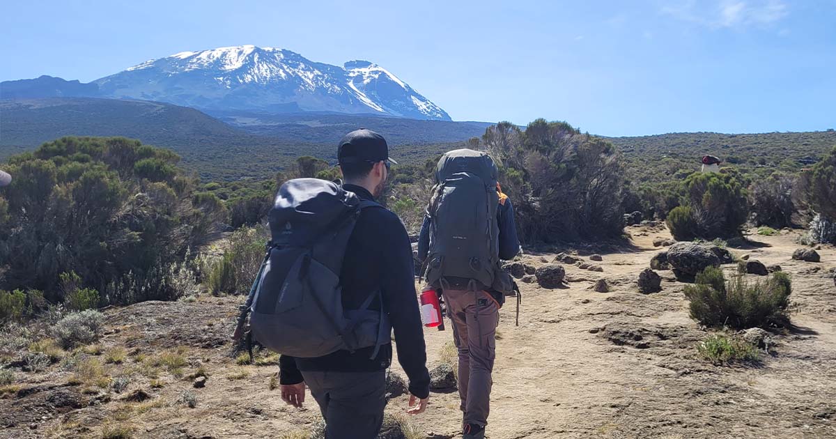 Hikers and porters on a dusty trail with Kilimanjaro looming in the background, early morning light casting long shadows